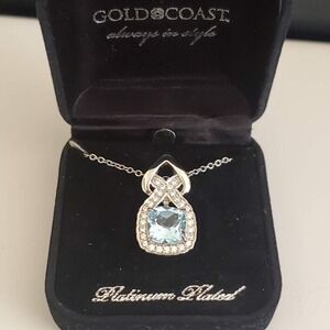Gold Coast Necklace Platinum Plated Aquamarine CZ Romantic Feminine Bling NIB